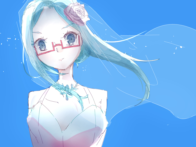 kiryuu noriko, girlfriend (kari), artist request, 1girl, bare shoulders, blue background, blue eyes, blue hair, closed mouth, collarbone, day, dress, glasses, hair ornament, long hair, matching hair/eyes, outdoors, red-framed eyewear, simple background, smile, solo, standing, sundress, white dress, wind
