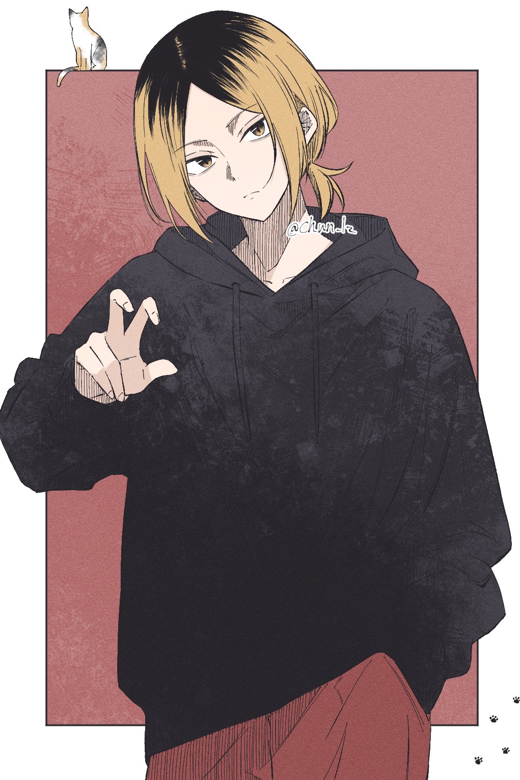 kozume kenma, haikyuu!!, commentary, highres, symbol-only commentary, 1boy, animal, arm up, black hair, black hoodie, blonde hair, border, calico (pattern), calico cat, cat, chun lz, claw pose, closed mouth, cowboy shot, drawstring, hand in pocket, hood, hood down, hoodie, long sleeves, male focus, multicolored hair, outside border, pants, parted hair, ponytail, red pants, roots (hair), short ponytail, solo, standing, white border, yellow eyes