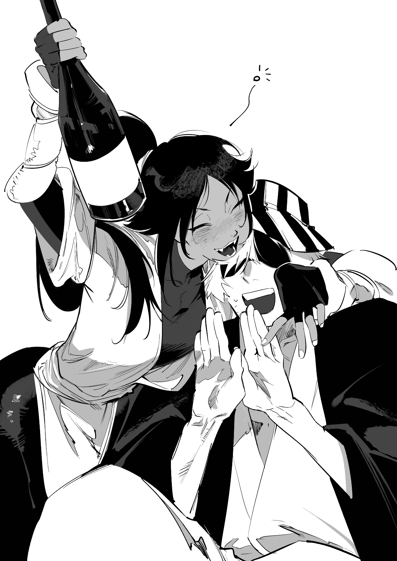 atie1225, shihouin yoruichi, urahara kisuke, bleach, highres, 1boy, 1girl, alcohol, black leotard, blush, bottle, drunk, greyscale, happy, hat, leotard, monochrome, smile, white background, wine, wine bottle