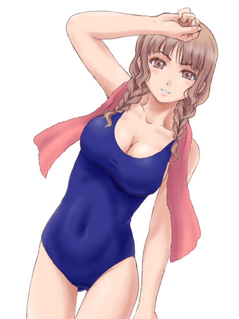 iga tomoteru, mizusawa mao, kimi kiss, hand on forehead, 1girl, braid, breasts, brown eyes, brown hair, cleavage, female focus, large breasts, one-piece swimsuit, solo, swimsuit, towel, twin braids