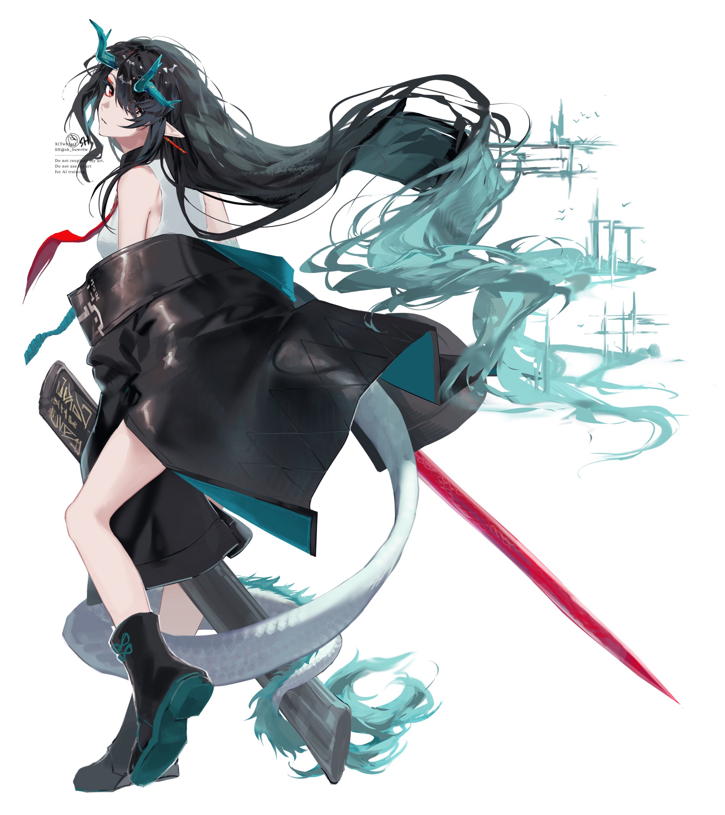 6546hr o0, dusk (arknights), arknights, absurdres, highres, 1girl, aqua hair, aqua horns, bare shoulders, black hair, black jacket, black shoes, dragon girl, dusk, eastern dragon horns, eastern dragon tail, floating hair, full body, gradient hair, hair over one eye, horns, jacket, long hair, looking at viewer, looking back, multicolored hair, off shoulder, pointy ears, red eyes, shirt, shoes, simple background, sleeveless, sleeveless shirt, solo, standing, sword, tail, very long hair, weapon, white background, white shirt