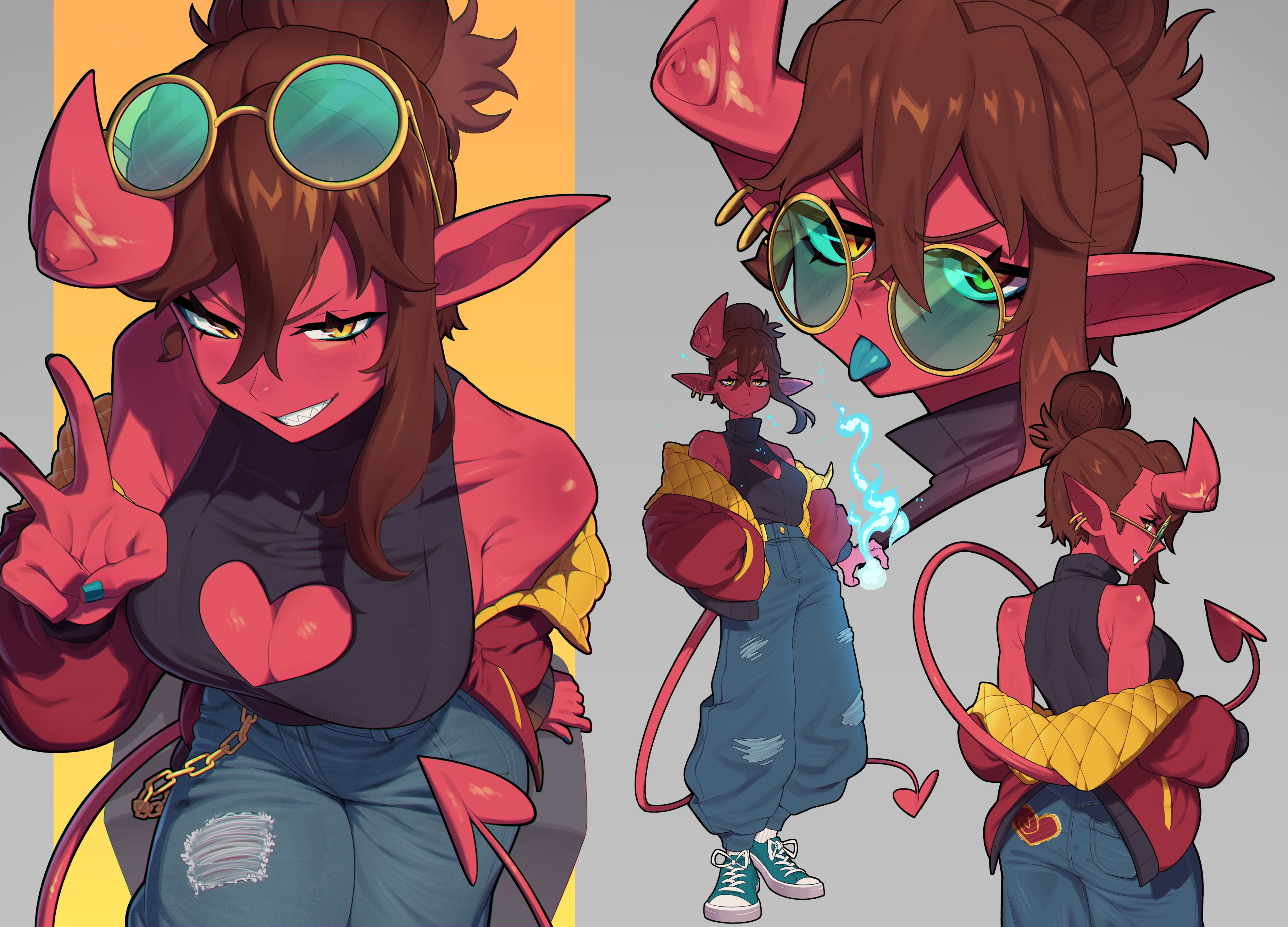 freefgp, original, absurdres, highres, 1girl, :p, arm support, baggy pants, black shirt, blue fire, blue pants, breasts, brown hair, chain, cleavage cutout, clothing cutout, colored skin, colored tongue, cropped shoulders, demon girl, demon horns, demon tail, denim, double-parted bangs, ear piercing, eyewear on head, fingernails, fire, fireball, from behind, full body, green-tinted eyewear, green nails, green shoes, green tongue, grey background, grin, hair between eyes, hair bun, hand in pocket, heart cutout, horns, jacket, jeans, large breasts, light blush, long pointy ears, long sleeves, looking at viewer, looking back, multiple views, nail polish, off shoulder, open clothes, open jacket, padded jacket, pants, piercing, pointy ears, puffy long sleeves, puffy sleeves, red jacket, red skin, round eyewear, sharp teeth, shirt, shoes, sideways mouth, single hair bun, single horn, single sidelock, sitting, sleeveless, sleeveless shirt, smile, sneakers, standing, tail, teeth, tinted eyewear, tongue, tongue out, two-sided fabric, two-sided jacket, two-tone background, v, yellow-framed eyewear, yellow background, yellow eyes