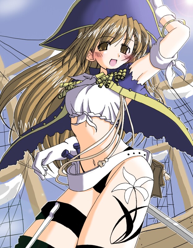 original, 1girl, :p, armlet, black panties, blue hat, brown eyes, brown hair, coat, crop top, day, female focus, flower, frilled thigh strap, gloves, happy, hat, jewelry, long hair, midriff, navel, open mouth, panties, pirate, pirate hat, sky, solo, sword, tattoo, thigh strap, thighhighs, thighs, tongue, tongue out, torn clothes, underwear, weapon