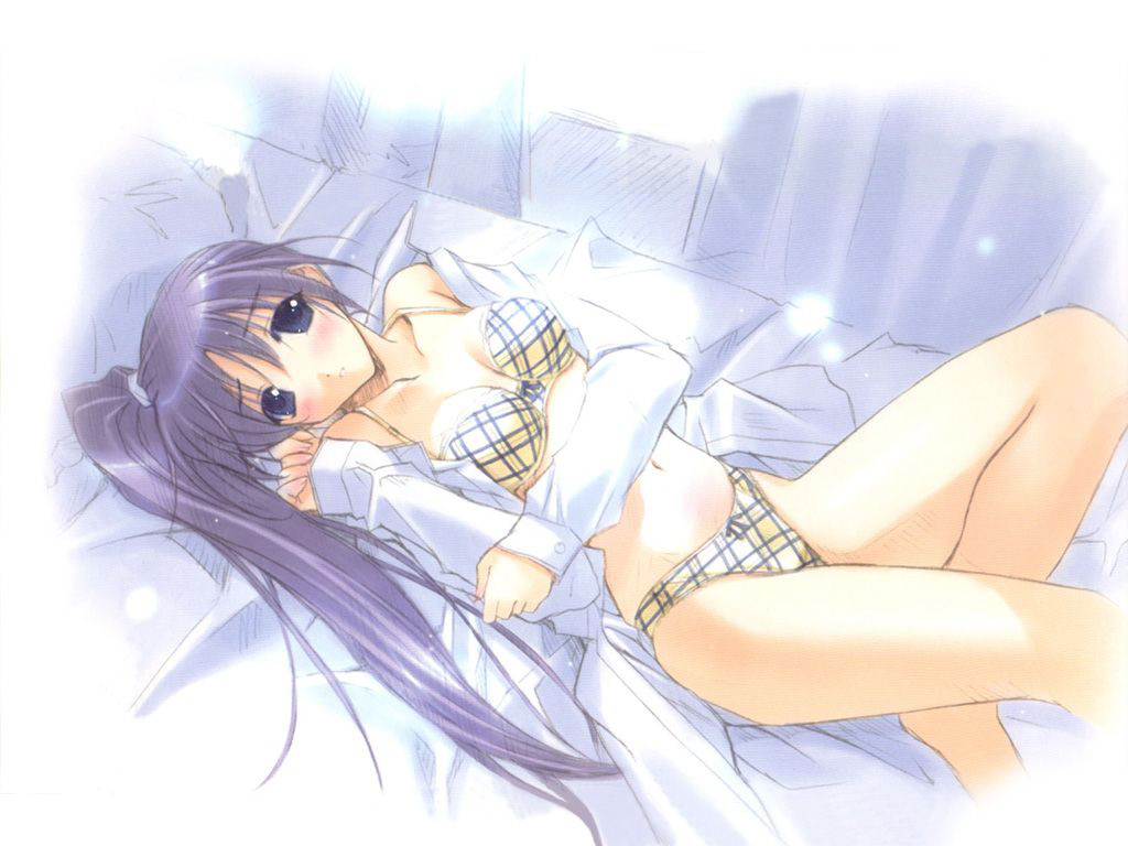 itou noemi, with you, artist request, 00s, 1girl, bed, blue eyes, blue hair, blush, bra, female focus, high side ponytail, lingerie, long hair, matching hair/eyes, no pants, panties, purple hair, side ponytail, solo, underwear
