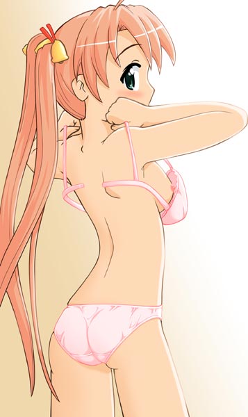 kagurazaka asuna, mahou sensei negima!, 00s, 1girl, ass, back, bell, blush, bra, breasts, female focus, from behind, green eyes, heterochromia, lingerie, long hair, looking back, nipples, open bra, orange hair, panties, pink bra, pink panties, red hair, sideboob, solo, standing, twintails, underwear, underwear only, undressing, very long hair