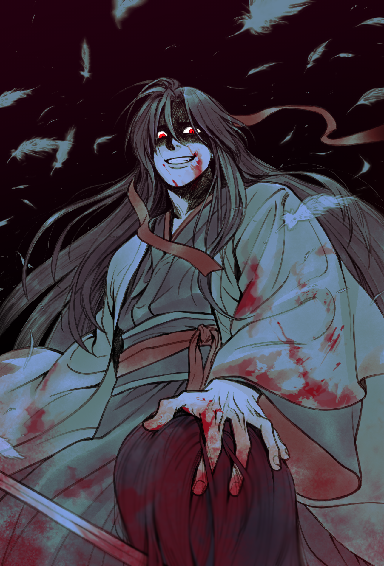 wei wuxian, wei wuxian (yiling laozu), modao zushi, highres, korean commentary, 1boy, 1other, ahoge, black background, black hair, black hanfu, blood, blood on body, blood on clothes, blood on face, blood on hands, bloody weapon, chinese clothes, coat, evil grin, evil smile, falling feathers, fang, feathers, floating hair, glowing, glowing eyes, grey coat, grin, hair down, hair ribbon, half updo, hand in another's hair, hand on another's head, hanfu, headband, long hair, male focus, official alternate costume, official alternate hairstyle, open clothes, open coat, red eyes, red ribbon, red sash, ribbon, robe, sash, shaded face, sidelocks, smile, solo focus, stab, sword, teeth, user cwea8478, weapon, wide sleeves