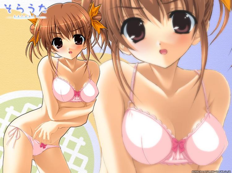 fumio (ura fmo), sakura chika, sorauta, game cg, 1girl, blush, bow, bow panties, bra, brown eyes, brown hair, female focus, hair ribbon, leaning forward, lingerie, lowleg, lowleg panties, panties, pink bow, pink panties, purple eyes, ribbon, short twintails, side-tie panties, solo, standing, twintails, underwear, underwear only, zoom layer