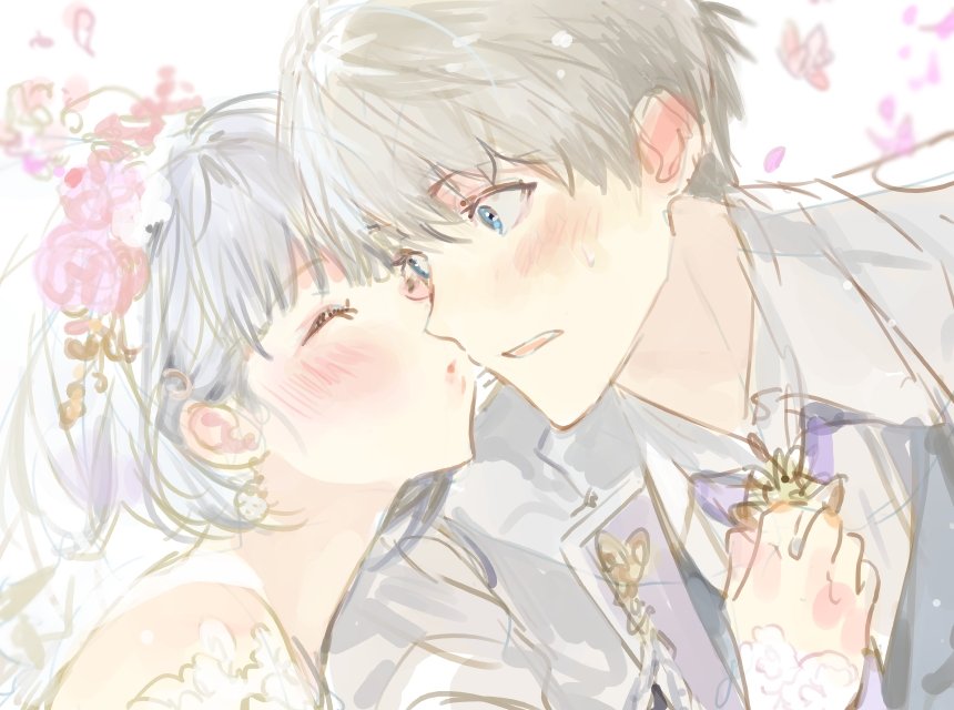 protagonist (love and deepspace), xavier (love and deepspace), love and deepspace, 1boy, 1girl, blue eyes, blue necktie, blush, bridal veil, closed eyes, collared shirt, couple, earrings, grey hair, grey jacket, hair between eyes, hand on another's chest, head wreath, hetero, jacket, jewelry, kiss, kissing cheek, necktie, parted lips, puckered lips, shirt, short hair, sketch, staxxylove, sweatdrop, upper body, veil, white sleeves