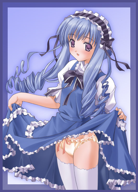 goma satoshi, aria (sister princess), sister princess, 00s, blouse, blue dress, blue eyes, blue hair, blush, bow, bow panties, clothes lift, curtsey, dress, drill hair, frilled panties, frills, headdress, long hair, panties, shirt, skirt, skirt hold, skirt lift, solo, standing, thighhighs, underwear, white thighhighs, yellow panties