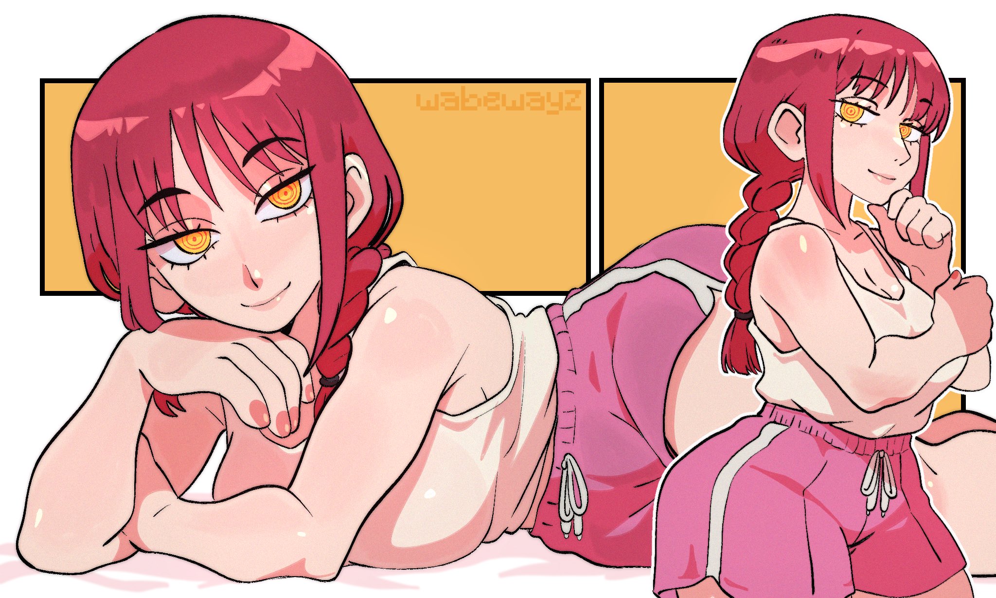makima (chainsaw man), chainsaw man, commentary, highres, 1girl, artist name, bare shoulders, braid, braided ponytail, breasts, cleavage, closed mouth, head rest, long hair, looking at viewer, multiple views, pink shorts, red hair, ringed eyes, shirt, shorts, sleeveless, sleeveless shirt, smile, solo, wabewayz, white shirt, yellow eyes