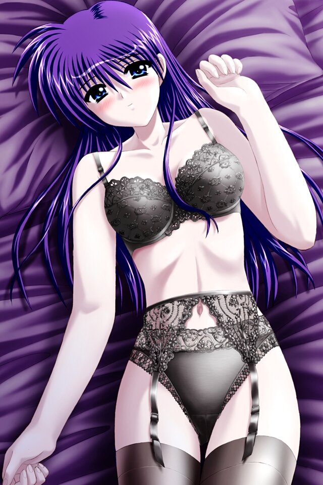 tsuzuki maki, tsukimura shinobu, triangle heart, triangle heart 3, game cg, 00s, 1girl, bed, blue eyes, blush, bra, female focus, garter belt, lingerie, panties, purple hair, solo, thighhighs, underwear, underwear only