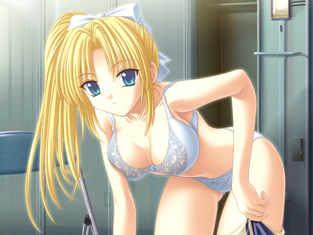 matra milan, asamiya kyou, alma ~zutto soba ni…~, game cg, 1girl, bent over, blonde hair, blue eyes, bow, bra, female focus, hair bow, lingerie, locker, locker room, long hair, panties, side ponytail, solo, standing, underwear, underwear only, undressing, white bra, white panties