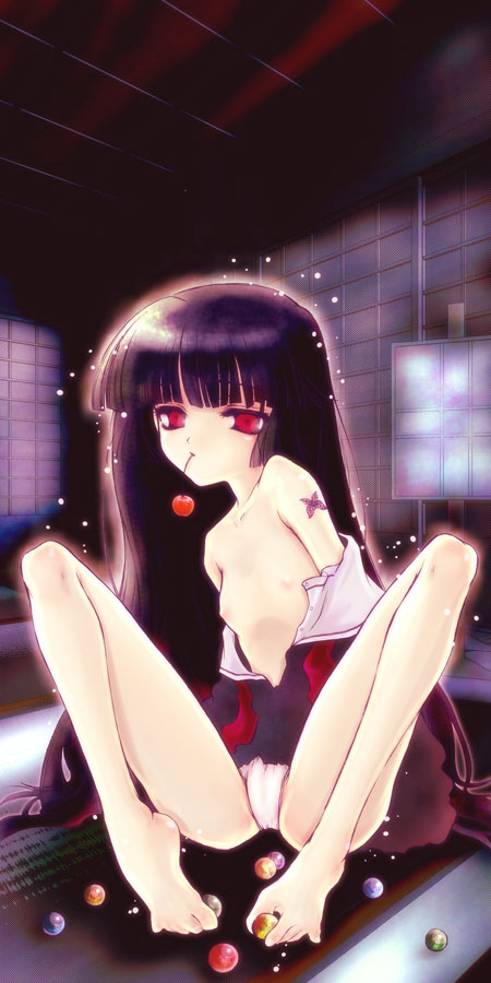 rin-45c, enma ai, jigoku shoujo, long image, tall image, 00s, black hair, blunt bangs, hime cut, nipples, panties, pantyshot, red eyes, school uniform, serafuku, shirt slip, sitting, solo, underwear, white panties