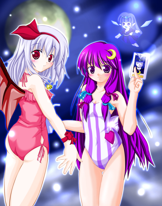 patchouli knowledge, remilia scarlet, touhou, frilled swimsuit, 2girls, bat wings, casual one-piece swimsuit, crescent, crescent hair ornament, female focus, frills, hair ornament, multiple girls, one-piece swimsuit, striped clothes, striped one-piece swimsuit, swimsuit, wings