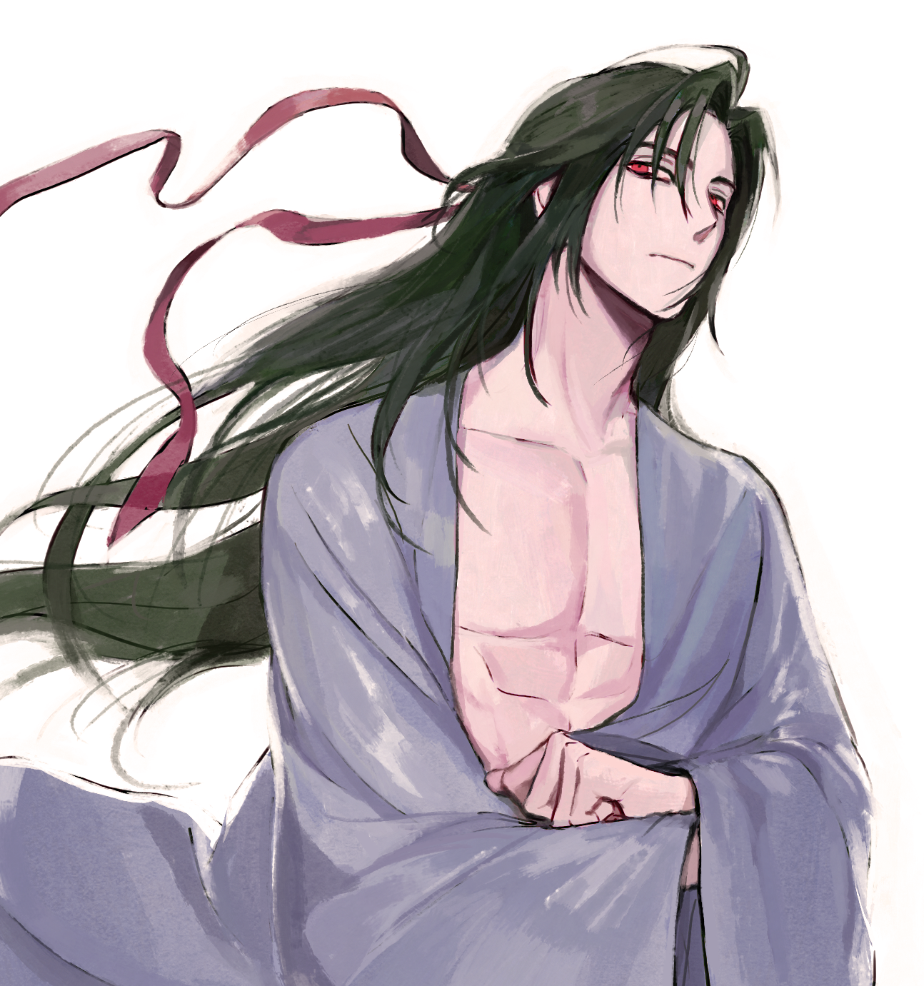 wei wuxian, wei wuxian (yiling laozu), modao zushi, highres, korean commentary, 1boy, abs, ahoge, alternate costume, bishounen, black hair, closed mouth, collarbone, floating hair, grey hanfu, hair between eyes, hair down, hair ribbon, half updo, long hair, long sleeves, looking at viewer, male focus, official alternate hairstyle, open clothes, open robe, parted bangs, pectoral cleavage, pectorals, red eyes, red ribbon, ribbon, robe, sidelocks, simple background, solo, toned, toned male, upper body, user cwea8478, very long hair, white background, wide sleeves, wind