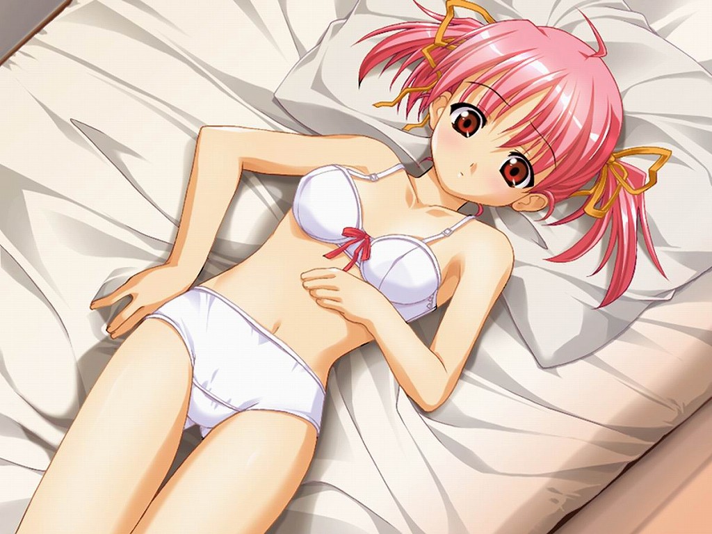 souryuu (double dragon), tooyama kokoro, anonono, game cg, 1girl, ahoge, bed, blush, bow, bow bra, bow panties, bra, breasts, dutch angle, embarrassed, female focus, from above, hair ribbon, lingerie, looking at viewer, lying, navel, on back, panties, parted bangs, pillow, pink hair, red eyes, ribbon, short hair, short twintails, solo, thigh gap, twintails, underwear, underwear only, white bra, white panties