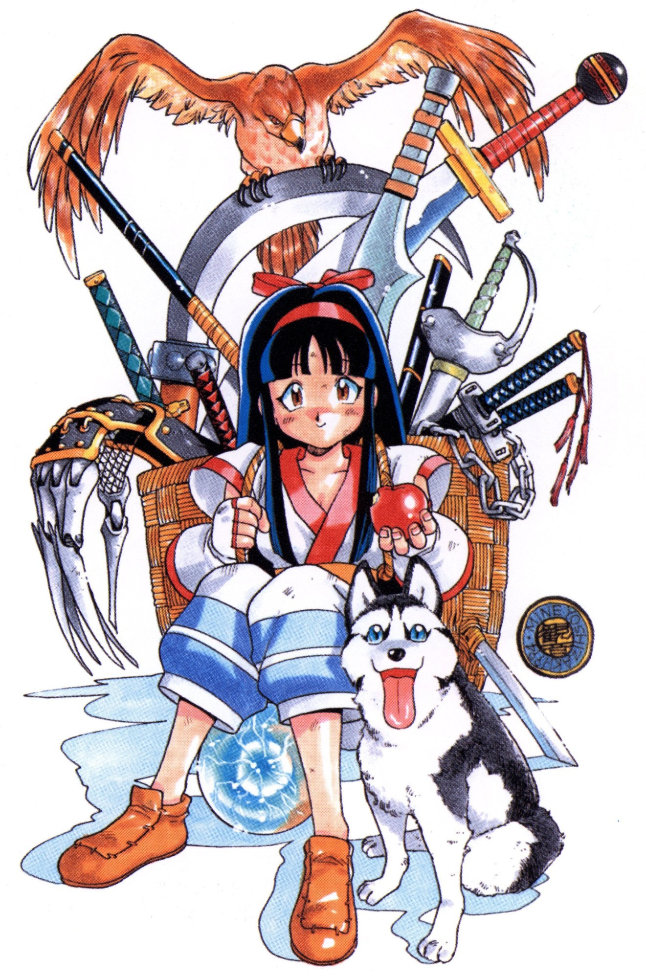 mamahaha, nakoruru, poppy, samurai spirits, snk, the king of fighters, highres, official art, 1990s (style), 1girl, apple, black hair, breasts, brown eyes, claw (weapon), dog, fingerless gloves, food, fruit, gloves, hair ribbon, legs, long hair, looking at viewer, medium breasts, pants, retro artstyle, ribbon, sitting, smile, sword, thighs, weapon