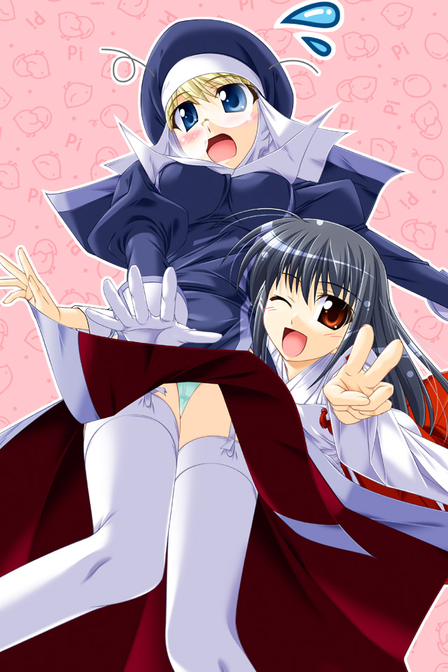 chogenbo musasiya, musashiya chougenbou, 2girls, blush, garter belt, gloves, green panties, hakama, hakama skirt, japanese clothes, miko, multiple girls, nun, panties, pantyshot, pink background, red hakama, skirt, standing, thighhighs, underwear, upskirt, white gloves, white thighhighs