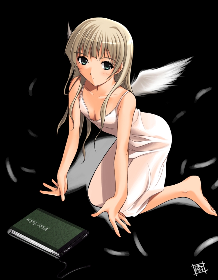 honda naoki, original, light brown hair, 1girl, angel, barefoot, downblouse, female focus, green eyes, signature, solo, wings