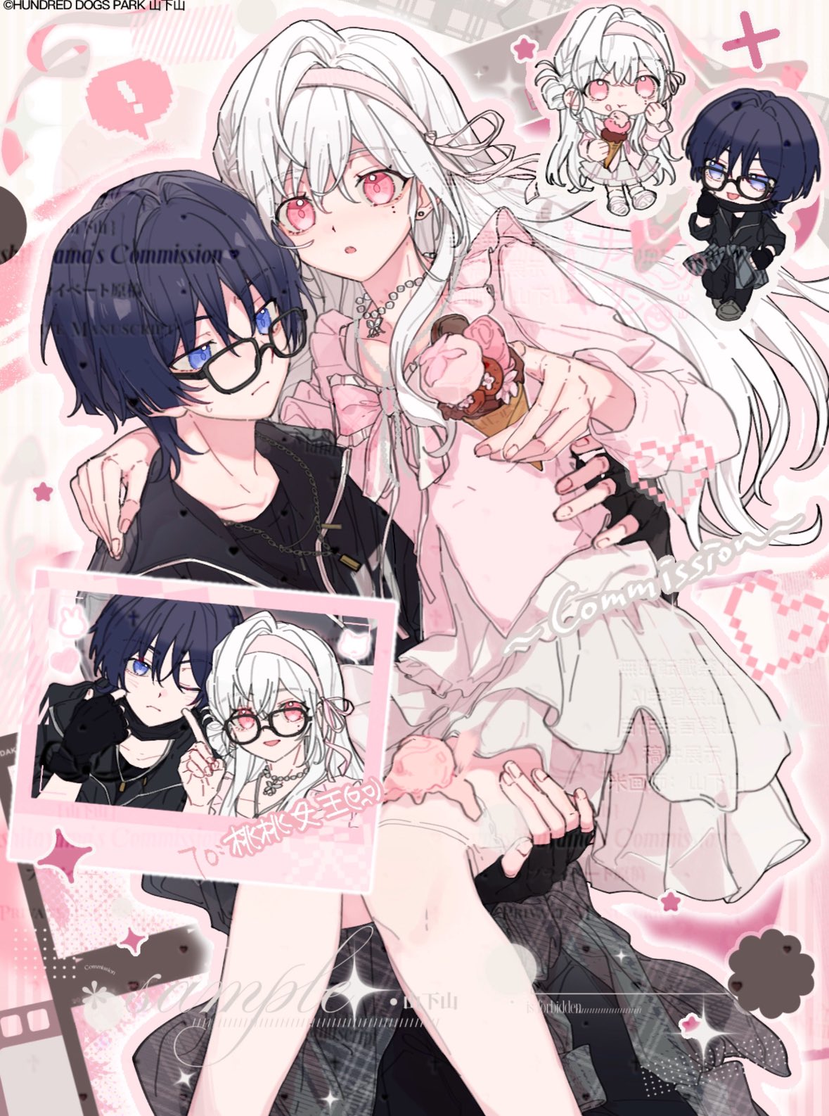 scaramouche (genshin impact), genshin impact, original, artist request, commission, highres, second-party source, 1boy, 1girl, :t, bead necklace, beads, bespectacled, black-framed eyewear, black gloves, black hair, black jacket, black mask, black pants, blouse, blue eyes, blunt ends, borrowed accessory, bow, carrying, chain, chain necklace, cheek bulge, chibi, chibi inset, closed mouth, clothes around waist, collarbone, commissioner insert, couple, earrings, fingerless gloves, fingernails, food, food on face, frilled bow, frills, glasses, gloves, hair between eyes, hair bun, hair intakes, hairband, hand on another's shoulder, hand on another's thigh, hand on another's waist, hayami momo (hayamimomo), hetero, holding, holding ice cream cone, ice cream cone, index finger raised, jacket, jacket around waist, jewelry, layered skirt, long hair, looking at another, looking at viewer, mask, mask pull, mole, mole under eye, mouth mask, necklace, one eye closed, open mouth, pants, pink bow, pink eyes, pink hairband, pink shirt, pink thighhighs, pleated skirt, princess carry, purikura, shirt, single side bun, single sidelock, skirt, sweatdrop, tareme, thighhighs, tsurime, watermark, watermark grid, white hair, white skirt, wispy bangs