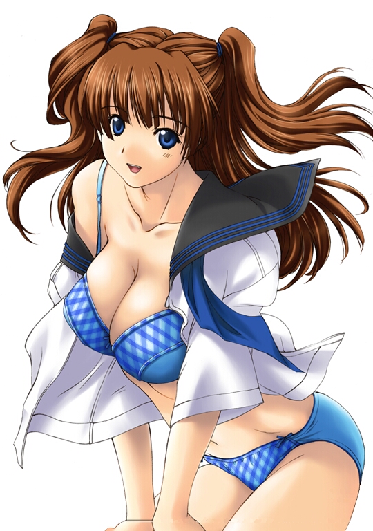 nishiki yoshimune, techgian, non-web source, 1girl, blue bra, blue eyes, blue panties, bra, breasts, brown hair, cleavage, female focus, large breasts, leaning forward, lingerie, long hair, no pants, open clothes, open mouth, open shirt, panties, school uniform, serafuku, shirt, simple background, smile, solo, two side up, underwear