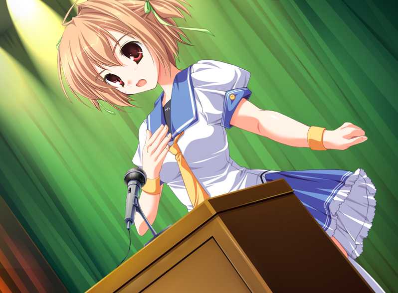 hagiwara onsen, hayasaka remi, festa!! hyper girls pop, game cg, 1girl, dutch angle, female focus, microphone, red eyes, school uniform, serafuku, short hair, solo
