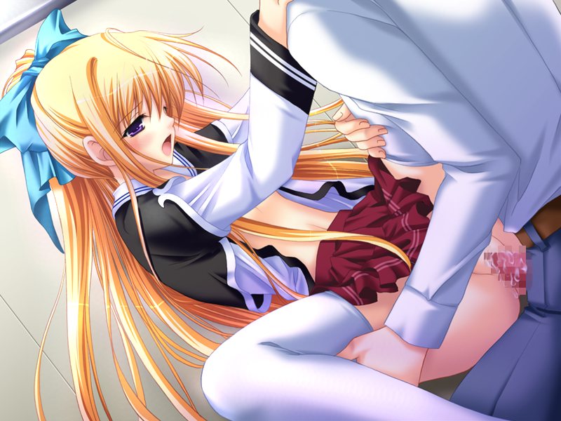 hikiyama asuka, hipparikko, zero (studio), game cg, jpeg artifacts, 1girl, belt, blonde hair, bow, censored, clothed sex, clothes lift, cum, defloration, dutch angle, hair bow, hetero, leg grab, long hair, long sleeves, mosaic censoring, navel, no panties, open clothes, open mouth, open shirt, penis, pleated skirt, purple eyes, pussy juice, school uniform, serafuku, sex, shirt, skirt, skirt lift, solo focus, spread legs, thighhighs, vaginal, white thighhighs