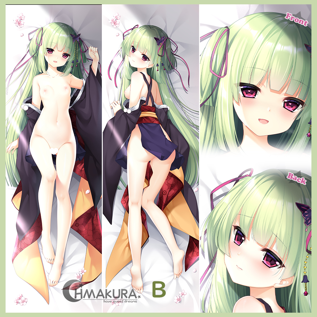 loading (verjuice), murasame (senren), senren banka, commentary, 1girl, :d, arm at side, ass, back, barefoot, bed sheet, black kimono, blunt bangs, blunt ends, blush, bottomless, breasts, butterfly hair ornament, censored, clenched hand, closed mouth, criss-cross halter, dakimakura (medium), flower, full body, green hair, groin, hair ornament, hair ribbon, hair spread out, halterneck, hand up, head tilt, heart, heart-shaped pupils, heart censor, hime cut, japanese clothes, kimono, kneepits, knees together feet apart, knees up, legs, long hair, long sleeves, looking at viewer, looking back, lying, multiple views, navel, nipples, nude, on back, on stomach, open clothes, open kimono, open mouth, pink flower, pom pom (clothes), purple ribbon, red eyes, ribbon, sideboob, sidelighting, sidelocks, small breasts, smile, soles, stomach, straight hair, sunlight, symbol-shaped pupils, thighs, toes, topless female, two side up, very long hair, wide sleeves