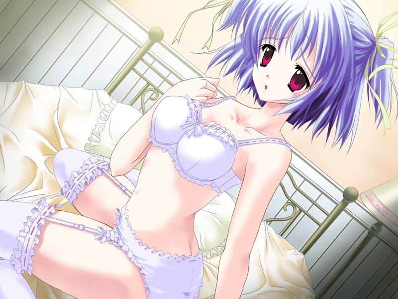mikeou, tachi aoi, stay ~anata no tonari ni~, game cg, 1girl, bed, blue hair, bra, female focus, garter belt, lingerie, panties, red eyes, solo, thighhighs, underwear, underwear only, undressing