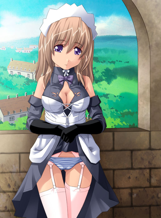 1girl, blue eyes, blue panties, breasts, brown hair, clothes lift, cloud, cowboy shot, dress, dress lift, elbow gloves, female focus, garter belt, gloves, maid, outdoors, panties, plant, sky, solo, standing, striped clothes, striped panties, thigh gap, thighhighs, thighs, tree, underwear, white thighhighs