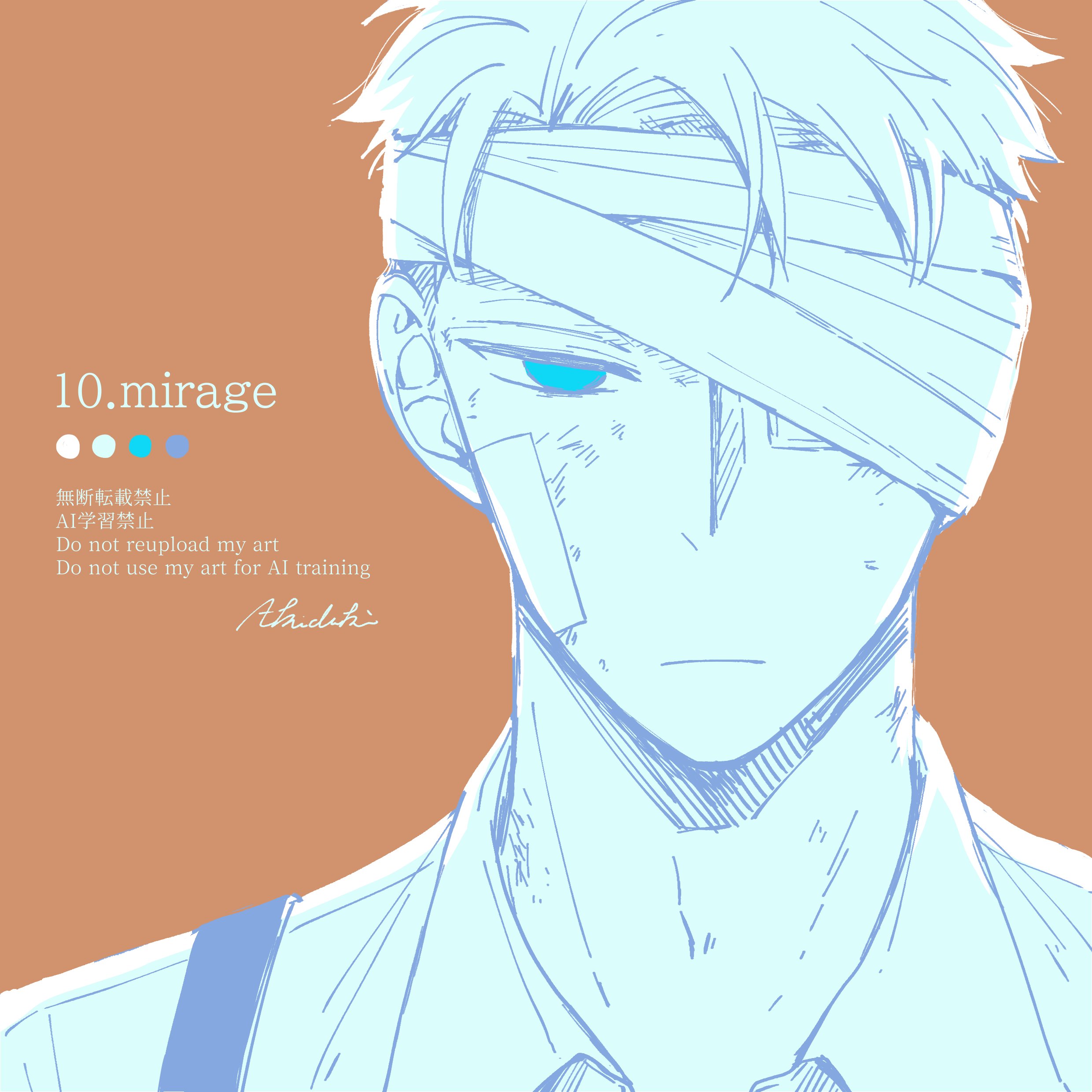 akdk831, twilight (spy x family), spy x family, absurdres, highres, 1boy, artist name, bandaged head, bandages, bandaid, bandaid on cheek, bandaid on eye, bandaid on face, blue eyes, brown background, closed mouth, collared shirt, dirty, dirty face, half-closed eyes, injury, male focus, one eye covered, shirt, short hair, solo, suspenders, upper body, white shirt