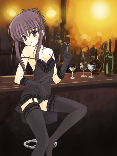 masakichi (crossroad), shima yukiwa, chikage (sister princess), sister princess, colorized, resized, 00s, 1girl, alcohol, bar (place), black gloves, black panties, black thighhighs, blush, breasts, chair, chemise, cleavage, female focus, garter straps, glass, gloves, lace, leaning back, lingerie, long hair, medium breasts, off shoulder, panties, purple eyes, purple hair, sitting, solo, strap slip, thighhighs, underwear