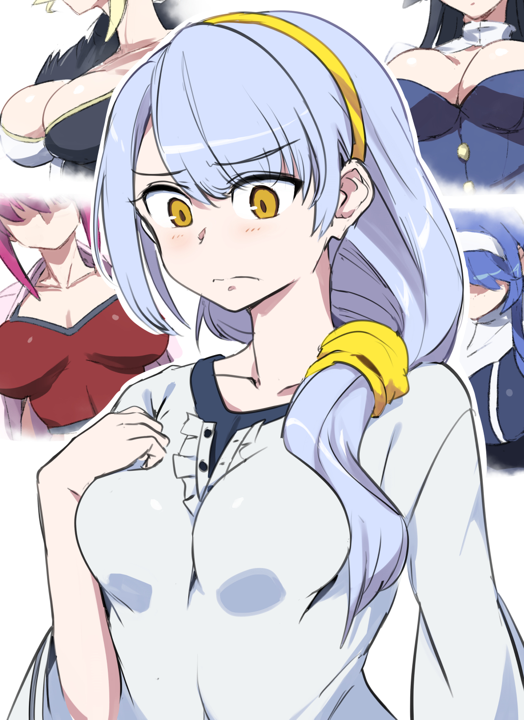 touniyuu, hilda (under night in-birth), izumi (under night in-birth), kaguya jingu, orie ballardiae harada, yuzuriha (under night in-birth), under night in-birth, commentary, highres, 5girls, black hair, blonde hair, blue hair, blush, breast conscious, breast envy, breasts, cleavage, crop top, dress, grey hair, hair ornament, hairband, large breasts, long hair, looking at breasts, medium breasts, multicolored dress, multiple girls, purple hair, side ponytail, simple background, very long hair, white dress, yellow eyes, yellow hairband