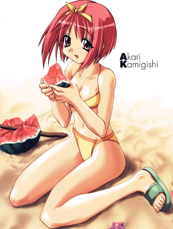 kamigishi akari, to heart, to heart (series), 1girl, bikini, bow, female focus, food, fruit, hairband, holding, holding food, holding fruit, holding watermelon, red eyes, red hair, short hair, solo, suikawari, swimsuit, watermelon, yellow bikini, yellow bow