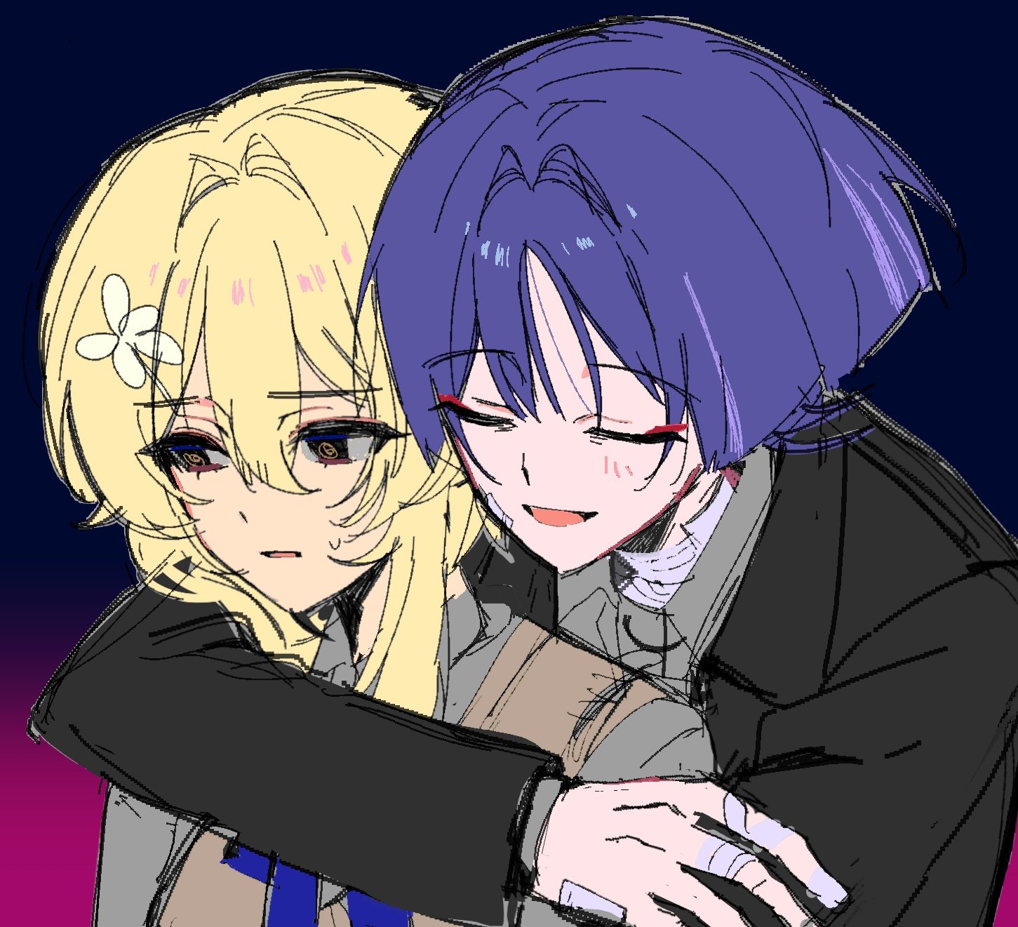 sia37068010, lumine (genshin impact), scaramouche (genshin impact), genshin impact, highres, 1boy, 1girl, @ @, alternate costume, averting eyes, bandaged fingers, bandaged neck, bandages, black background, black eyes, black jacket, black sleeves, blazer, blonde hair, blunt ends, brown sweater vest, closed eyes, contemporary, eyeliner, eyeshadow, flower, gauze, gauze on cheek, gauze on hand, gradient background, grey shirt, hair flower, hair intakes, hair ornament, hairclip, heads together, hetero, hug, hug from behind, jacket, light blush, long sleeves, looking to the side, makeup, open mouth, pink background, purple hair, red eyeliner, red eyeshadow, school uniform, shirt, short hair, short hair with long locks, sidelocks, sketch, sweatdrop, sweater vest, wispy bangs