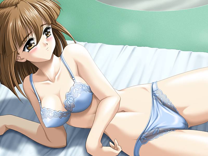 kinmedai pink, hoshi no pierce, game cg, 1girl, bed, blue bra, blue panties, blush, bra, brown eyes, brown hair, female focus, lingerie, navel, panties, short hair, smile, solo, underwear, underwear only