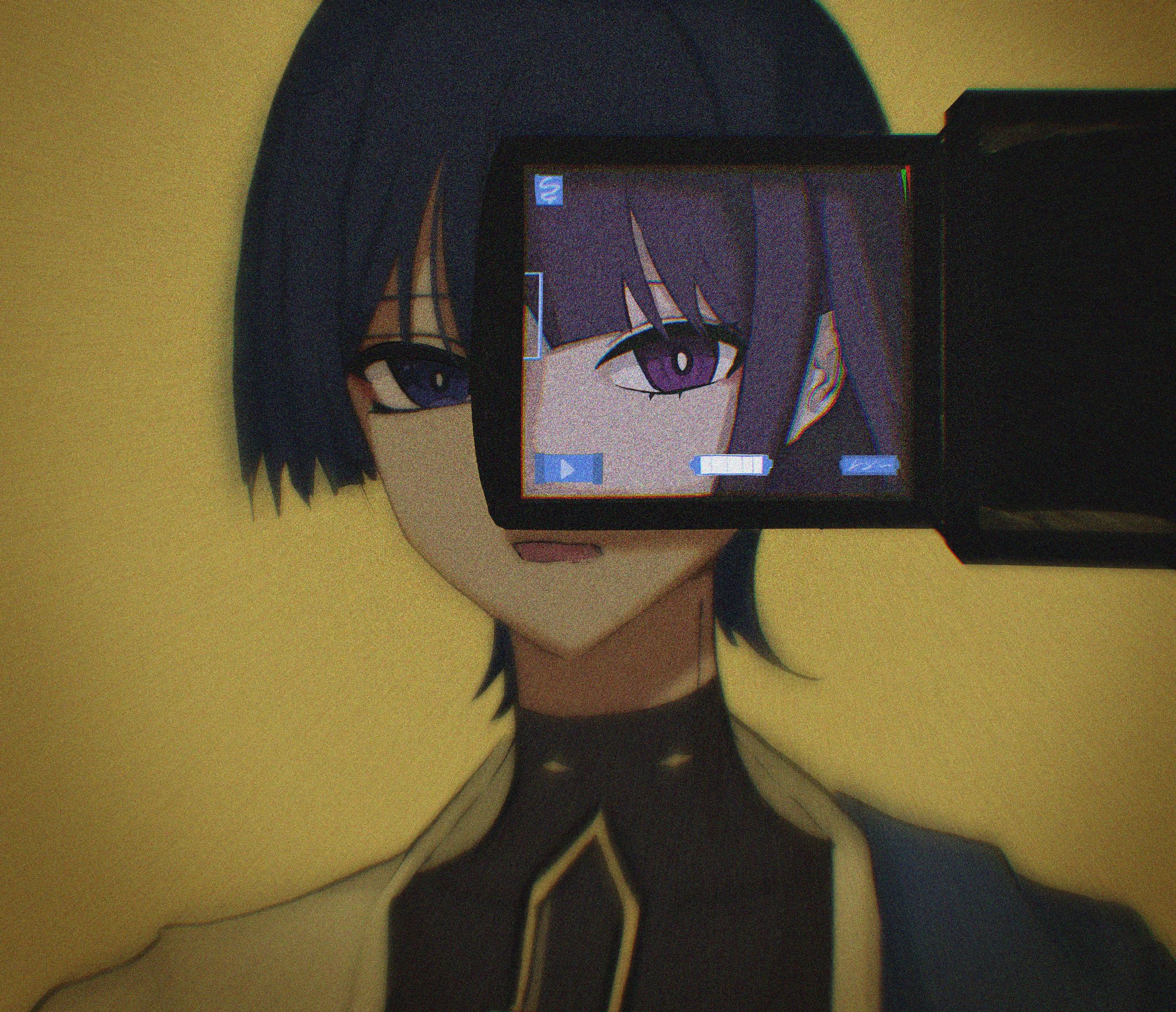 mui lang1, raiden shogun, scaramouche (genshin impact), wanderer (genshin impact), genshin impact, bad id, bad twitter id, highres, 1boy, battery indicator, black bodysuit, black hair, blue cape, blunt bangs, blunt ends, bodysuit, bright pupils, cape, covered collarbone, different viewfinder, eyelashes, eyeliner, eyeshadow, japanese clothes, kimono, looking at viewer, makeup, male focus, mother and son, open mouth, play button, purple eyes, purple hair, recording, red eyeliner, red eyeshadow, turtleneck, turtleneck bodysuit, video camera, white kimono, white pupils, yellow background