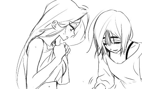 mizi (alien stage), sua (alien stage), alien stage, commentary, english commentary, lowres, 2girls, bra strap, closed eyes, clutching clothes, lineart, long hair, lubya, multiple girls, open mouth, shirt, short hair, tank top