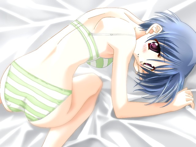 sharifura, slow step ~hajimete no ren'ai~, game cg, 1girl, bed, blue hair, blush, bra, female focus, green bra, green panties, lingerie, panties, purple eyes, short hair, smile, solo, striped bra, striped clothes, striped panties, underwear, underwear only