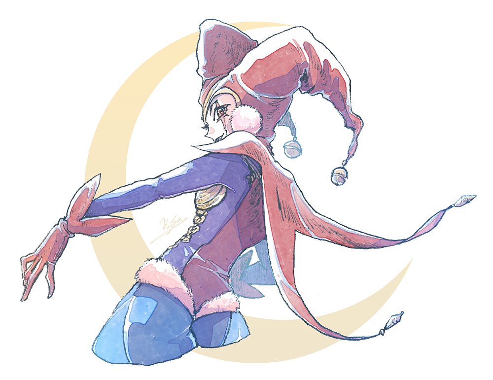 michibata 65, harle (chrono cross), chrono cross, 1girl, armor, artist name, black leotard, blue pants, breasts, cowboy shot, crescent moon, cropped legs, earrings, facepaint, fur-trimmed leotard, fur trim, gloves, gold armor, gold trim, harem pants, harlequin, hat, hat bell, jewelry, leotard, light smile, medium breasts, moon, multicolored leotard, outstretched arm, pants, pom pom (clothes), pom pom earrings, red eyes, red gloves, red hat, red leotard, see-through clothes, see-through pants, solo, tailcoat, two-tone leotard, white background