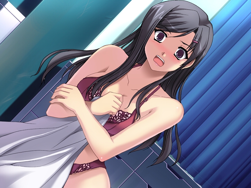soo-hyon lee, kouzuki asuna, silhouette (cdpa), game cg, 1girl, :o, alternate hairstyle, black hair, blush, bra, breasts, chest of drawers, cleavage, covering privates, cowboy shot, crossed arms, curtains, dress shirt, dutch angle, embarrassed, female focus, hair down, hair ornament, hairclip, holding, holding own arm, indoors, lace, lace-trimmed bra, lace-trimmed panties, lace trim, large breasts, lingerie, long hair, looking at viewer, nose blush, panties, parted bangs, purple eyes, red bra, red panties, shirt, sidelocks, solo, standing, surprised, swept bangs, underwear, underwear only, undressing, unworn shirt, white shirt