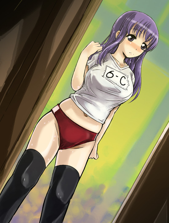 demag, matou sakura, fate/stay night, fate (series), 00s, buruma, gym uniform, solo, thighhighs