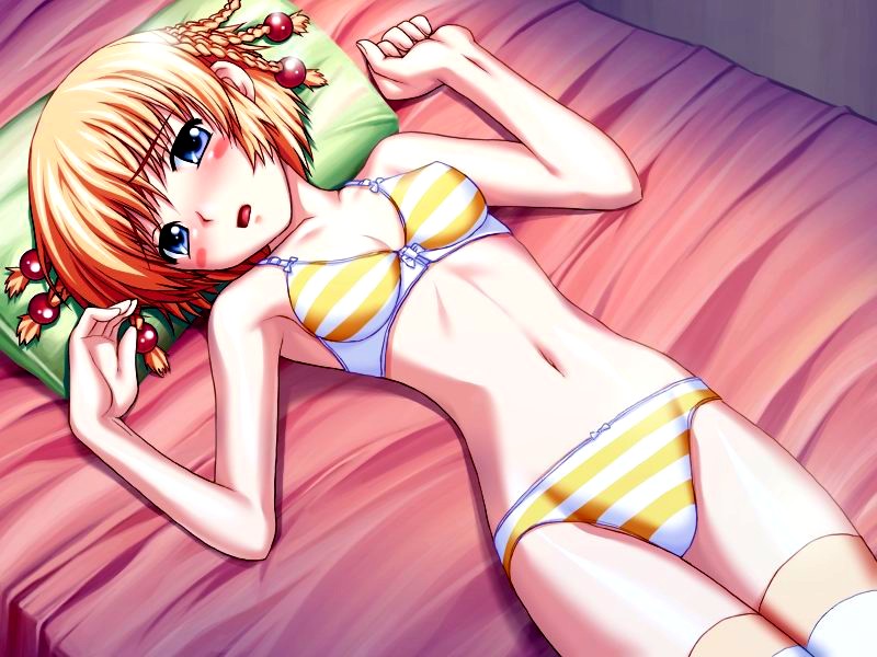 shironeko sanbou, kanisawa kinu, tsuyokiss, game cg, 1girl, bed, blonde hair, blue eyes, blush, bra, braid, breasts, female focus, flat chest, lingerie, lying, navel, on back, open mouth, panties, pillow, short hair, small breasts, solo, striped bra, striped clothes, striped panties, thighhighs, underwear, underwear only