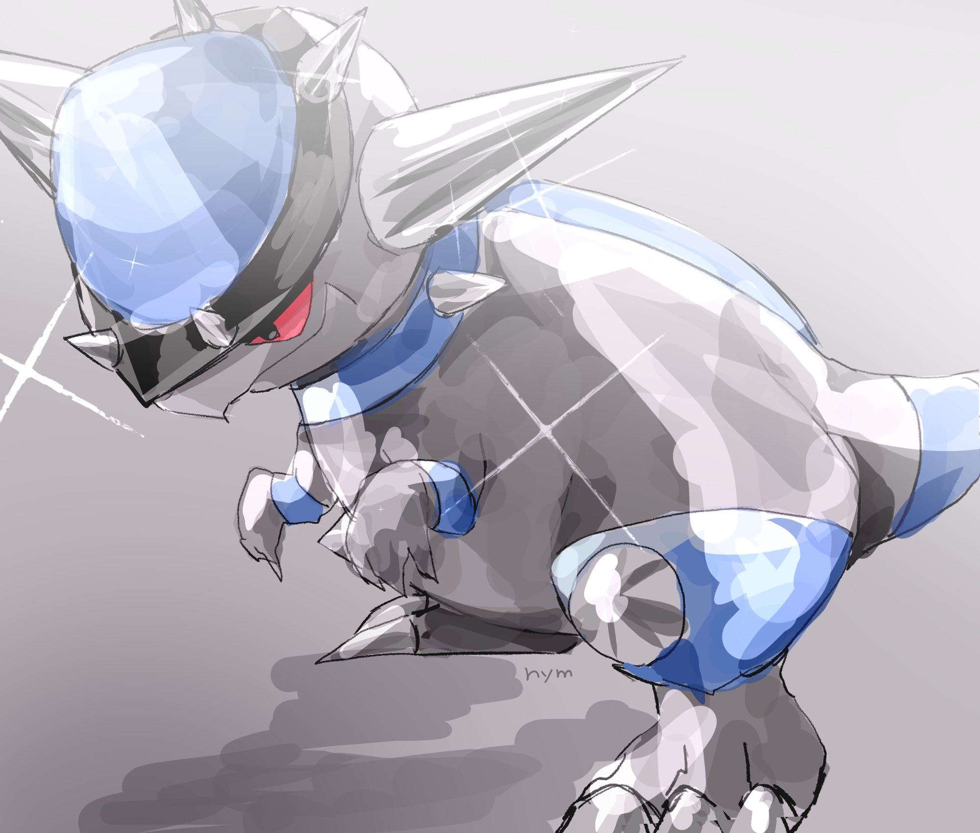 rampardos, nintendo, pokemon, highres, claws, closed mouth, gen 4 pokemon, horns, no humans, nymcrowned, pokemon (creature), pokemon focus, red eyes, simple background, smile, spikes, tail
