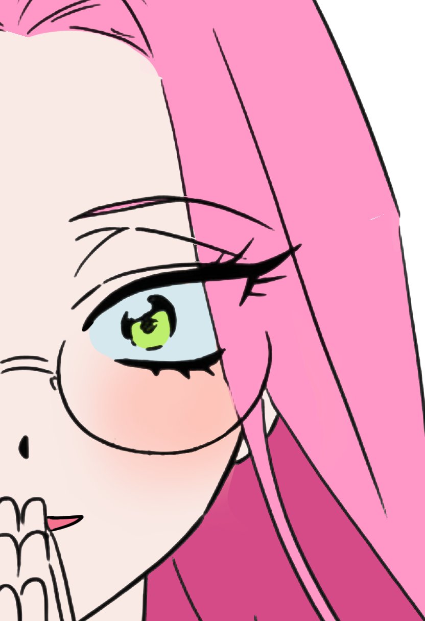 mizi (alien stage), alien stage, highres, 1girl, close-up, glasses, green eyes, head out of frame, long hair, lubya, pink hair, smile, solo