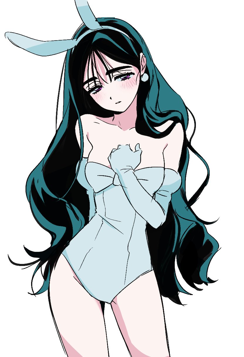 sua (alien stage), alien stage, commentary, english commentary, highres, 1girl, alternate costume, animal ears, black hair, cowboy shot, earrings, elbow gloves, fake animal ears, glasses, gloves, hand on own chest, jewelry, leotard, long hair, lubya, off-shoulder leotard, official alternate hair length, official alternate hairstyle, playboy bunny, purple eyes, rabbit ears, solo, very long hair, white gloves, white leotard