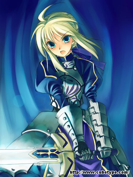 yuuki keisuke, artoria pendragon (fate), saber (fate), fate/stay night, fate (series), 00s, 1girl, ahoge, armor, armored dress, blonde hair, dress, excalibur (fate/stay night), faulds, female focus, gauntlets, glowing, glowing sword, glowing weapon, solo, sword, weapon