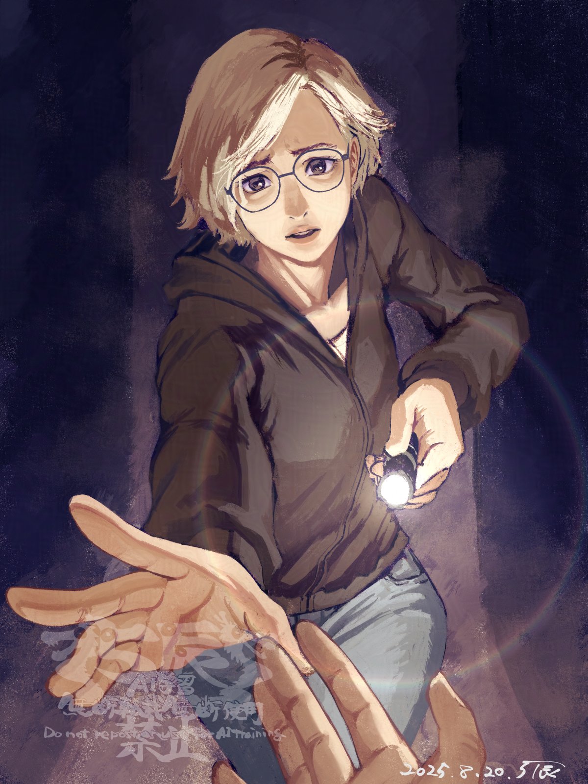 5tatsu, grace ashcroft, resident evil requiem, highres, 1girl, 1other, artist name, black hoodie, blonde hair, breasts, brown eyes, cowboy shot, dated, flashlight, furrowed brow, glasses, grey pants, holding, holding flashlight, hood, hood down, hoodie, looking at viewer, medium breasts, outstretched hand, pants, parted lips, short hair, swept bangs, white undershirt