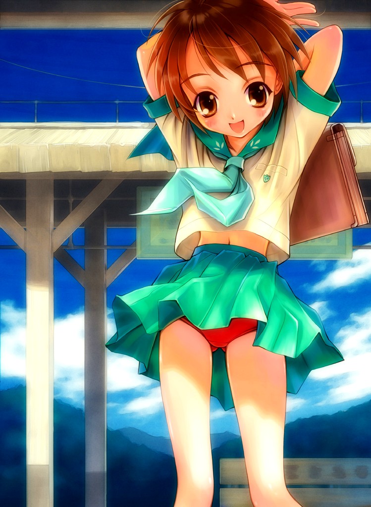 goto p, 1girl, arms behind back, arms up, backpack, bag, blush, brown eyes, brown hair, female focus, panties, pantyshot, pleated skirt, randoseru, red panties, school bag, school uniform, serafuku, skirt, solo, standing, underwear, upskirt
