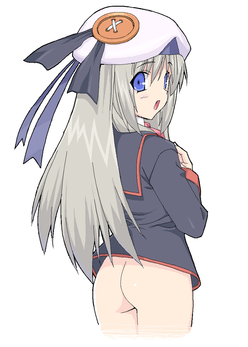 shichimenchou, noumi kudryavka, little busters!, silver hair, highres, ass, beret, blue eyes, bottomless, buttons, fang, hat, large buttons, loli, long hair, looking back, no panties, oekaki, solo